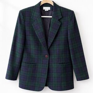 Joan Leslie Vintage Plaid Women's Blazer - Green and Blue - Size 8 Wool Blend